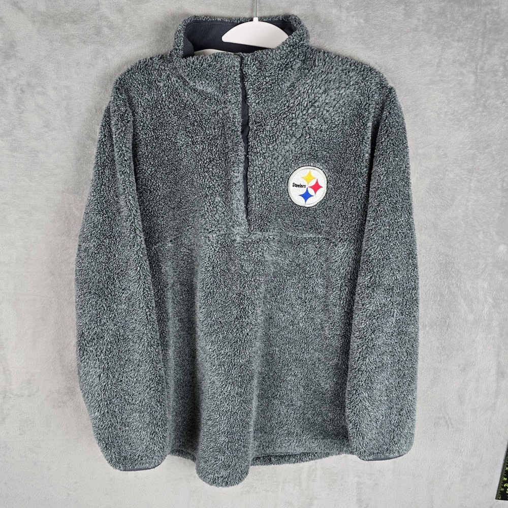 NFL Team Apparel Pittsburgh Steelers Gray Sherpa Fleece Quarter Snap Pullover‎ L